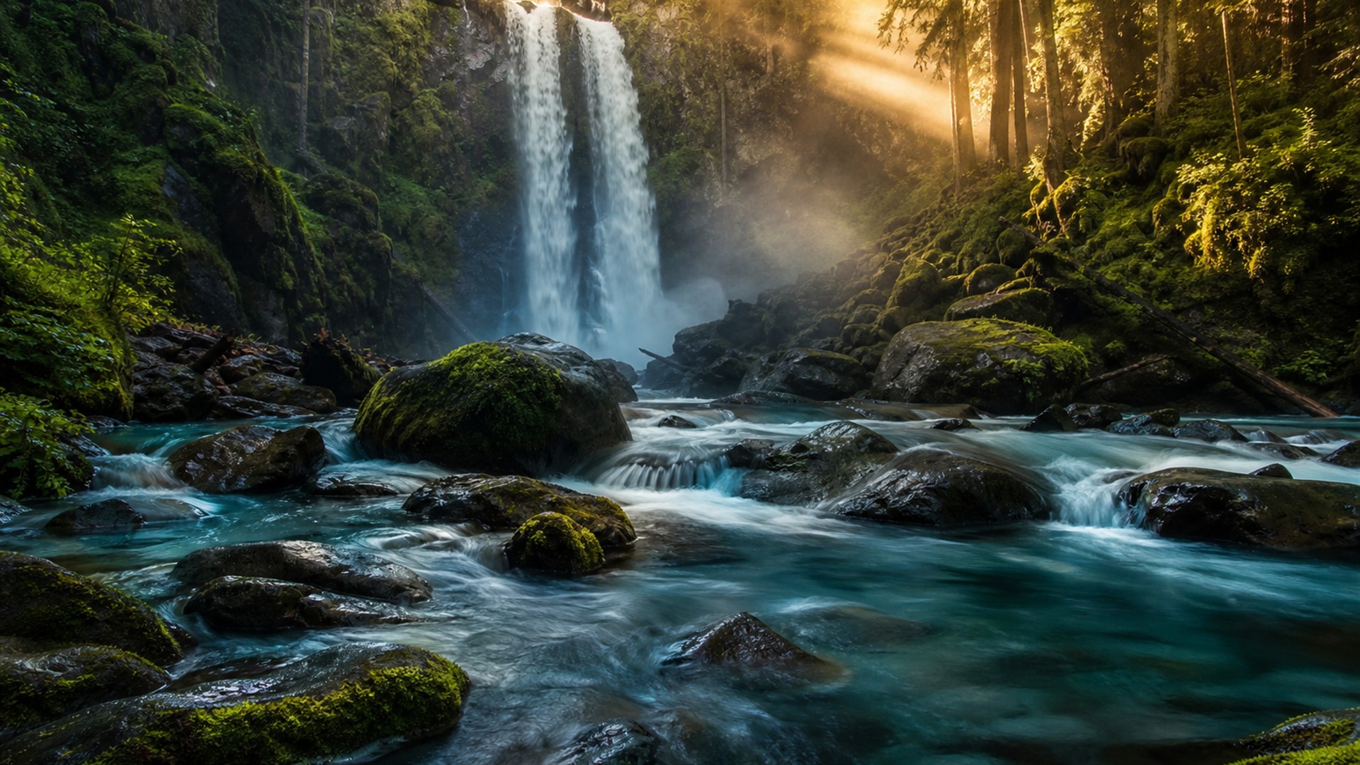 Cascade, rivière et forêt au golden hour
